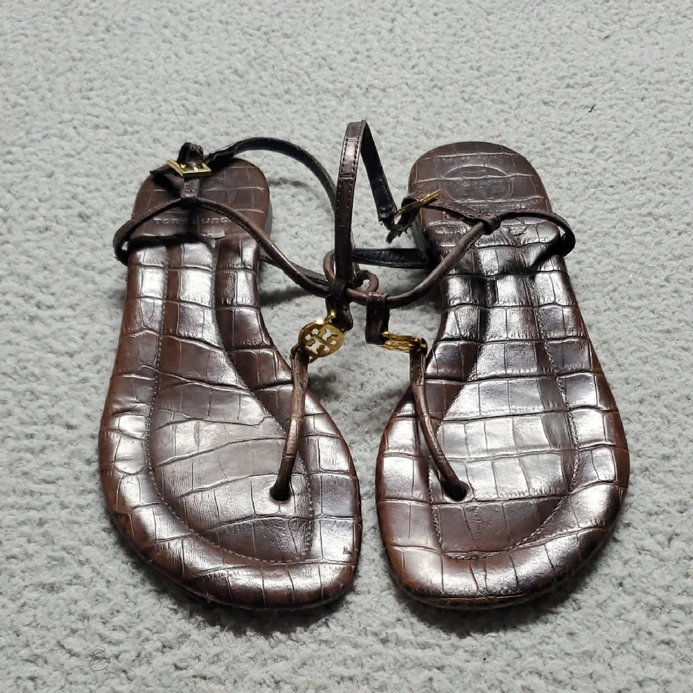 Tory Burch Women's Brown Croc-Embossed Leather T-Strap Sandals Size 6.5